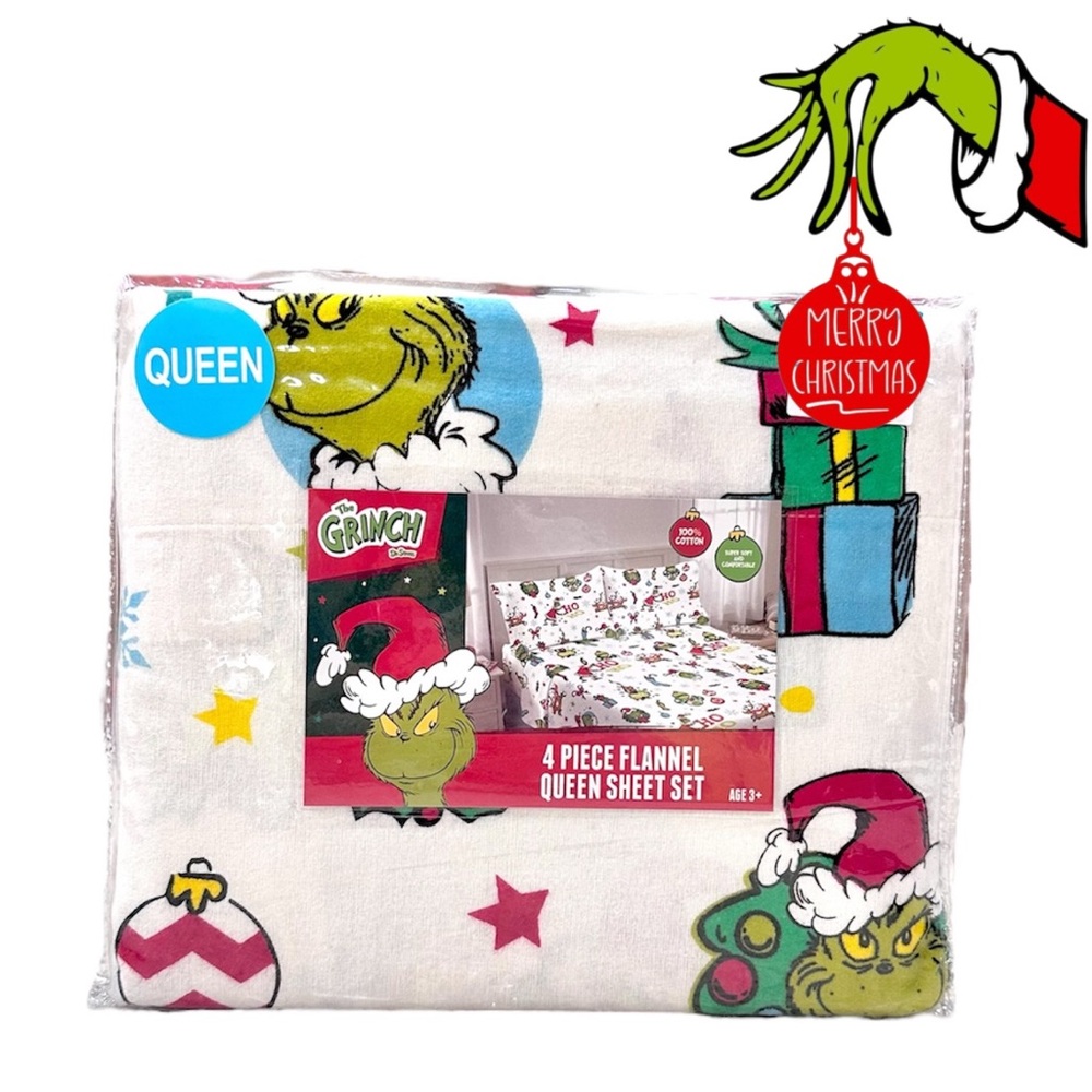 🎄The Grinch Dr.Seuss 100% Cotton 4 PIECE FLANNEL QUEEN SHEET SET Queen